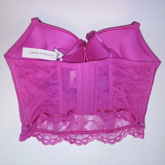 Victoria Secret Bra Set 34C Bombshell Push Up Medium Panty Shine Strap Pink Lace - Picture 15 of 16